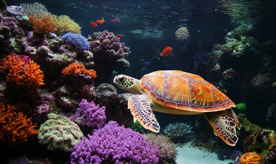Fototapeta premium Sea turtle swims in colorful coral reef.