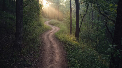 Obraz premium A winding dirt trail through a forest at dawn, with mist hanging low and sunlight filtering through trees. Subtle shoe imprints on the path emphasize running, creating a serene, people-free scene.