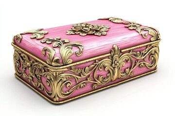 pink and gold classic wooden box shiny with with intricate floral carvings on white background 