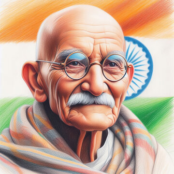 color pencil drawing. Gandhi against the background of the national flag of India