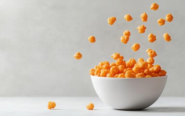 Fototapeta premium A beautifully styled image showcasing a creamy white bowl overflowing with cheese puffs against a soft light gray background