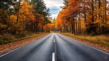 Fototapeta premium Scenic drive through a countryside with trees in full autumn colors