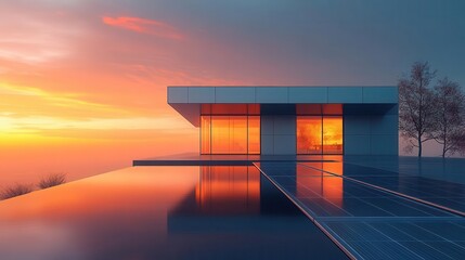 Fototapeta premium innovative photovoltaic solar panels elegantly integrated into a modern house roof, reflecting sunlight in a sleek design, illustrating sustainability and eco-friendly technology in an urban setting