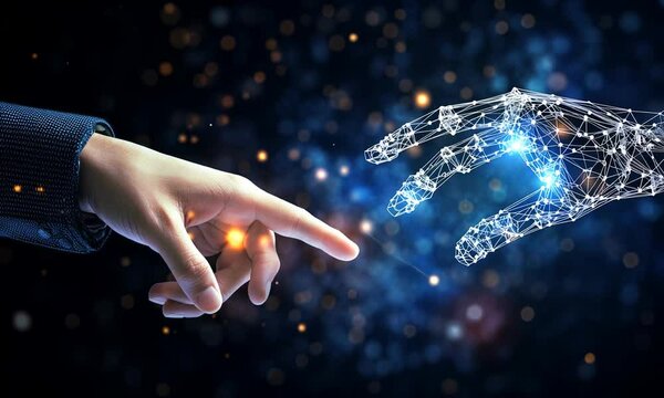 human and cyber technological hand touch each other technology ai video concept