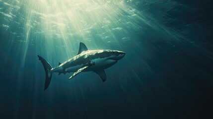 A great white shark swimming gracefully in clear blue ocean waters, sunlight filtering down from above, showcasing its powerful form