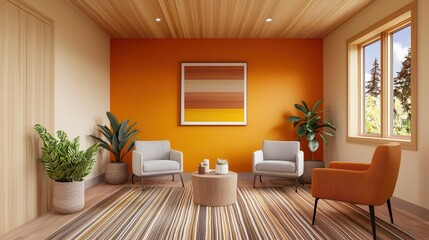 Fototapeta premium Modern living room with orange wall and stylish furniture.