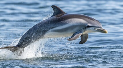 A playful dolphin leaping high above the water surface, with the ocean sparkling in the morning light