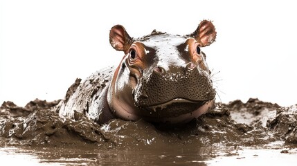 Fototapeta premium baby hippo enjoying mud bath, with big smile on its face isolation white background