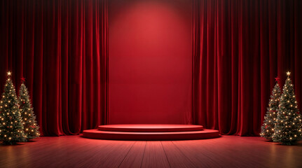 A rich red velvet theater curtain drawn open on a stage, with spotlights illuminating the scene. The drapes create an elegant backdrop, setting the stage for a performance, concert, or show