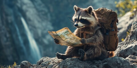 Naklejka premium Adventurous raccoon with map in serene UHD scenery