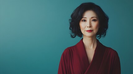 Fototapeta premium Confident and Composed Japanese Woman Posing Gracefully in Elegant Burgundy Wrap Dress Against Plain Cerulean Studio Background