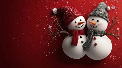Fototapeta premium Two cheerful snowmen with festive hats