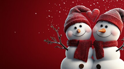 Fototapeta premium Snowmen in festive hats, red background