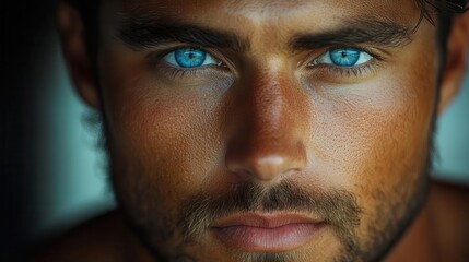 Fototapeta premium intimate close-up portrait of a man with striking blue eyes, radiating charisma, framed by a softly blurred background that enhances his features