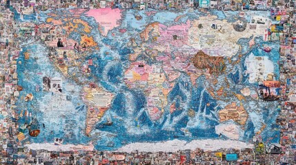 Naklejka premium A colorful world map collage featuring various images and cultural elements from around the globe.