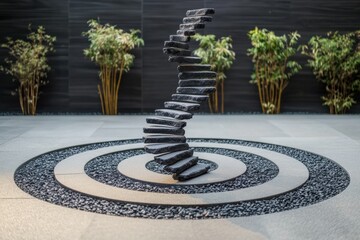 Obraz premium A modern spiral stone staircase sculpture surrounded by a tranquil garden in an urban setting