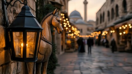Naklejka premium Charming street with lantern and horse statue in an illuminated evening scene.