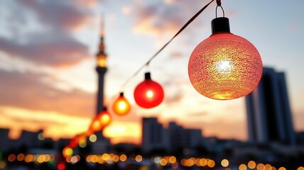 Vibrant lanterns glowing against a beautiful sunset over a city skyline.