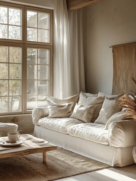 Bright living room featuring large windows, a comfortable sofa, and a warm, inviting decor style with natural elements.