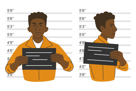 Criminal mugshot vector isolated. Male character holding board. Taking picture of person after arrest.