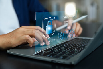 Cyber security and online protection concept, User typing password to secure login, Data protection with digital encryption and firewall security for safe internet access and privacy.