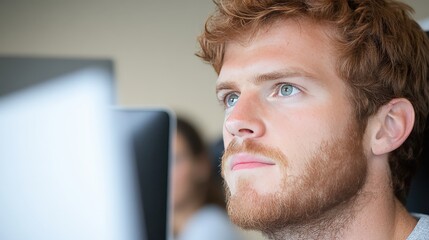 Obraz premium Young Man Thinking Focused Looking Up Thoughtful Expression Close up Portrait