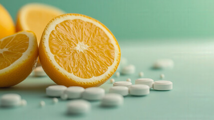 Fototapeta premium Pills on the background of oranges . The concept of reasonable use of medicines
