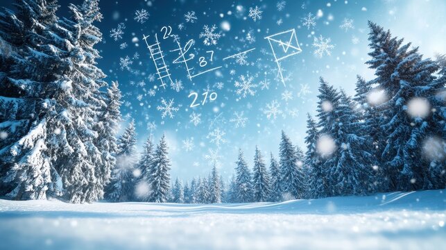 Winter wonderland filled with snowflakes and scientific equations in a serene forest landscape - Powered by Adobe