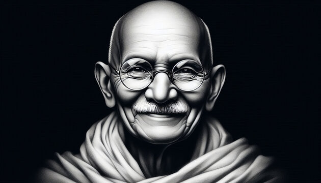 portrait in pencil.  Gandhi on a black background