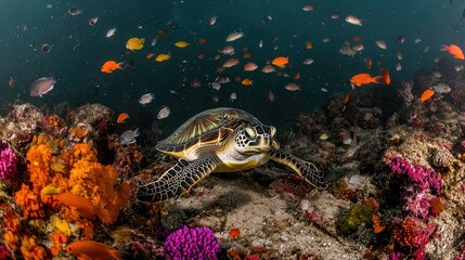 Fototapeta premium Young sea turtle resting on a coral bed surrounded by colorful fish, highlighting peaceful marine life coexistence