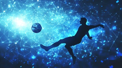 Fototapeta premium Silhouette of a soccer player kicking a ball in a blue and white abstract background.