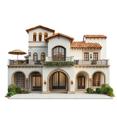 Mediterranean-style house with arched doorways and a courtyard. isolated on transparency background