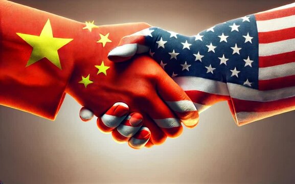 Two hands shaking . One hand is american flag and the other is Chinese flag. collaboration between USA and China.