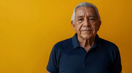 Obraz premium Closeup portrait of a resolute and confident elderly Mexican man dressed in a navy polo shirt and dark denim jeans standing against a plain amber background with studio lighting