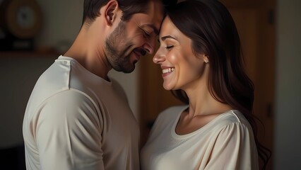 A married couple, a man and a girl, expecting a baby. The miracle of pregnancy.