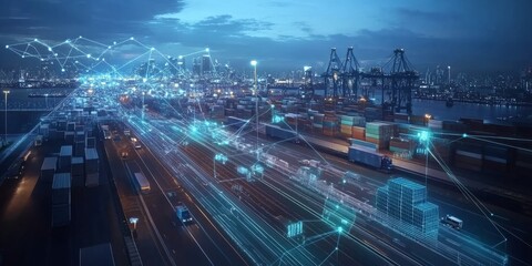 Smart logistics and transportation systems help businesses move goods efficiently around the world.  This illustration shows how technology connects different parts of the supply chain.