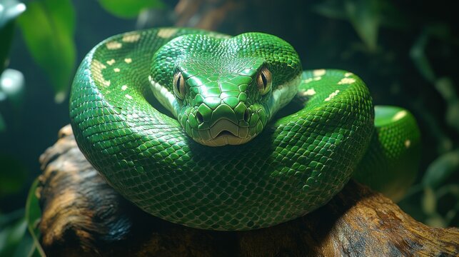 A green tree python with bright yellow eyes stares directly at the camera, coiled around a branch.