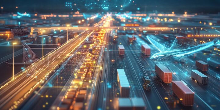 Smart logistics and transportation systems help businesses move goods efficiently around the world.  This illustration shows how technology connects different parts of the supply chain.