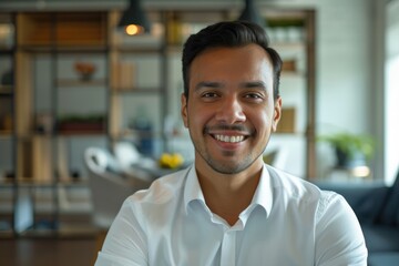 Fototapeta premium Confident Indian Hispanic man poses for headshot in home office.
