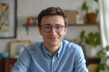 Obraz premium Smiling millennial man in glasses on video call at home.