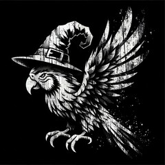 Obraz premium A whimsical owl wearing a witch's hat, illustrated in a black-and-white style, featuring majestic wings against a dark background.