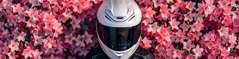 Fototapeta premium white motorcycle helmet on pink flowers background.