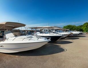 Fototapeta premium boats for sale or rental in a sunny parking lot outside a boat sports store under a clear blue sky