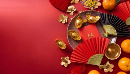 chinese new year festival decorations on red background lunar new year flat lay with paper fans money envelopes golden flowers oranges on plate