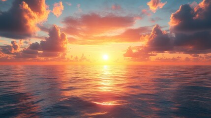 Obraz premium Serene sunset over calm ocean waters with colorful clouds.