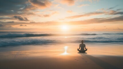 Obraz premium Peaceful Sunset Meditation on Tranquil Beach with Calming Ocean Waves