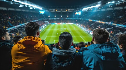 Fans enjoying a thrilling soccer match in a packed stadium during evening hours