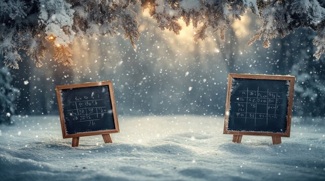 Enchanted winter classroom amid falling snowflakes, showcasing mathematical equations on rustic chalkboards surrounded by nature\'s tranquility