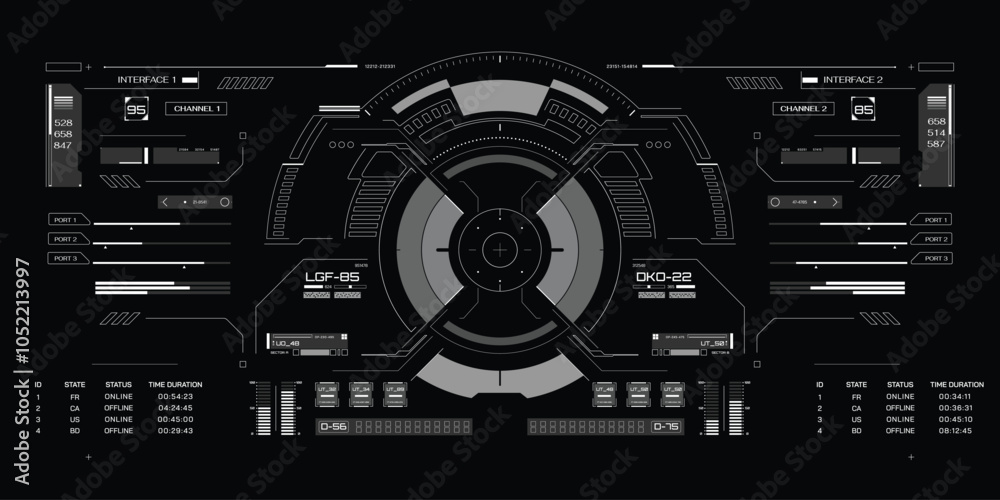 Poster HUD Futuristic Drone, Space ship, Radar Interface Screen Design Element. UI Technology Monitoring Virtual Reality View Display Object Vector.