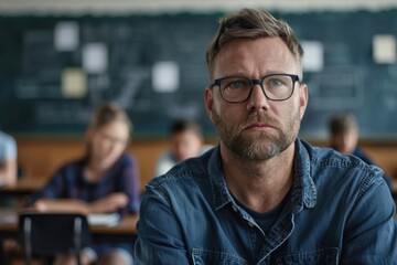 Obraz premium Portrait of confident Caucasian male teacher in classroom